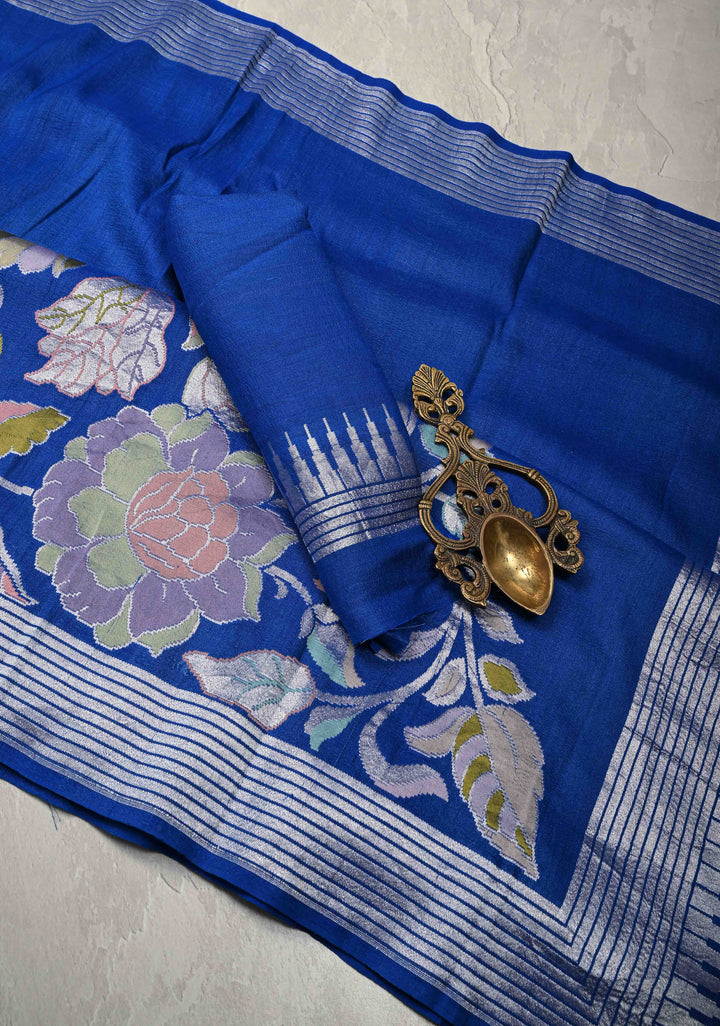 Royal Blue Tussar Georgette Saree with Meenakari Floral Jaal and Temple Zari Border | SILK MARK CERTIFIED (Copy)