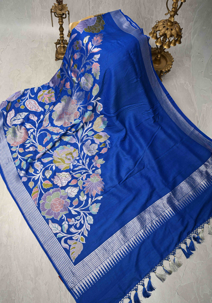 Royal Blue Tussar Georgette Saree with Meenakari Floral Jaal and Temple Zari Border | SILK MARK CERTIFIED (Copy)