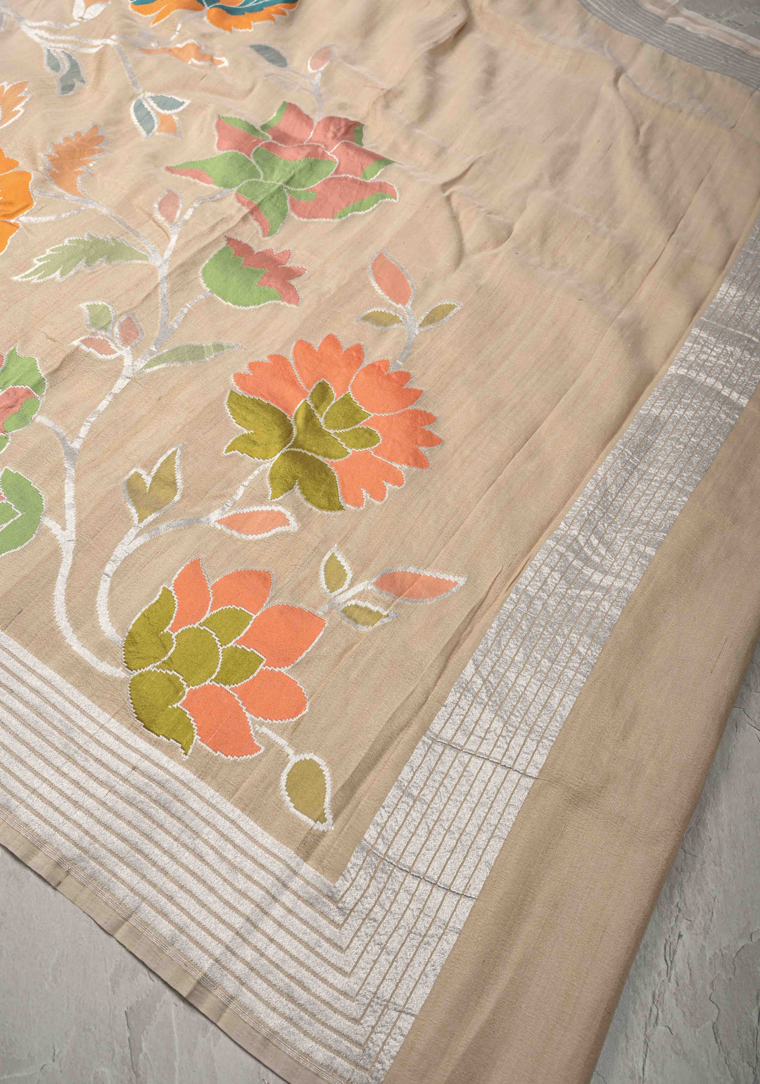 Cream Banarasi Tussar Georgette Saree with Meenakari Floral Jaal and Zari Border | SILK MARK CERTIFIED