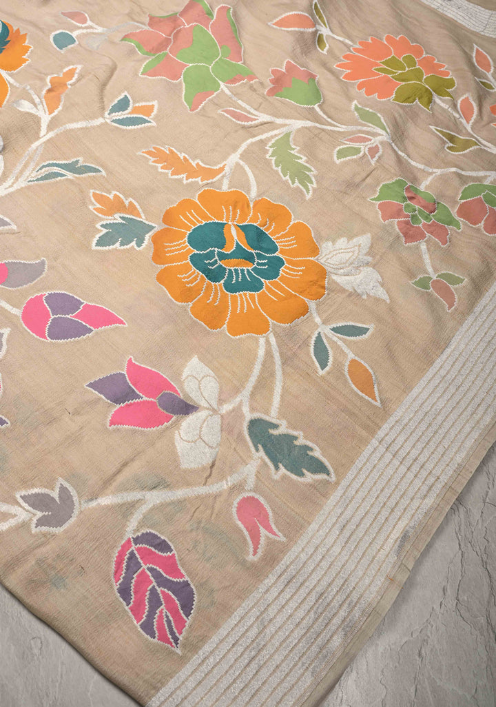 Cream Banarasi Tussar Georgette Saree with Meenakari Floral Jaal and Zari Border | SILK MARK CERTIFIED