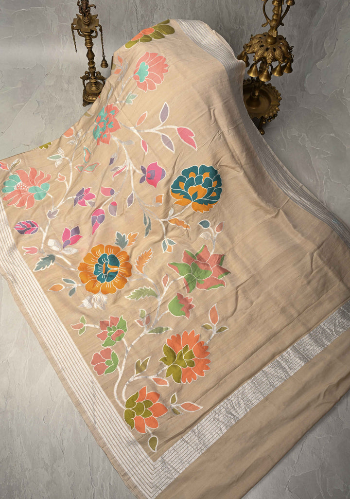 Cream Banarasi Tussar Georgette Saree with Meenakari Floral Jaal and Zari Border | SILK MARK CERTIFIED
