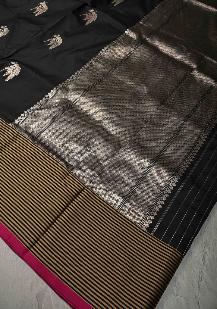 Exquisite Black Banarasi Katan Silk Saree with Meenakari Floral Buttas and Contrast Satin Border | SILK MARK CERTIFIED