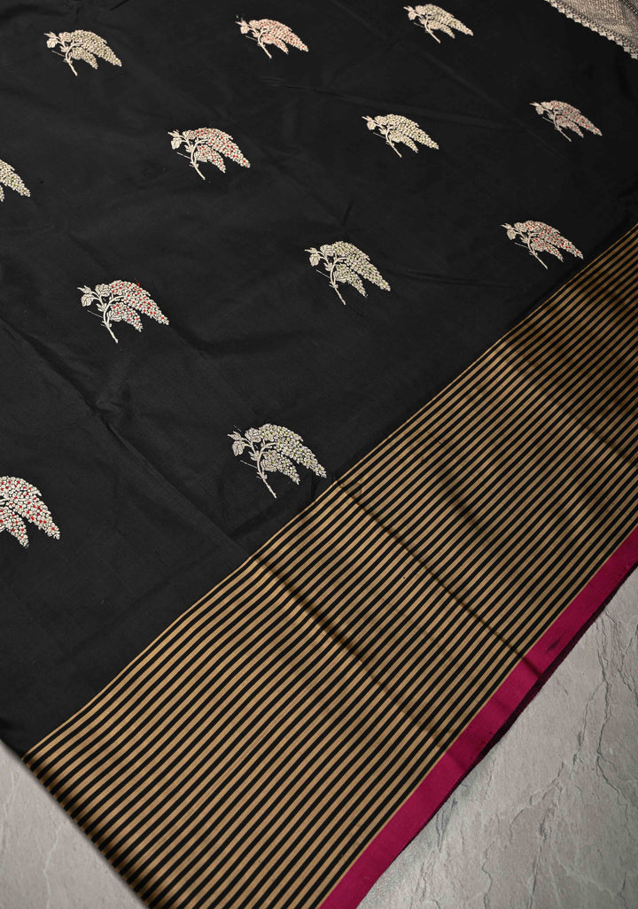 Exquisite Black Banarasi Katan Silk Saree with Meenakari Floral Buttas and Contrast Satin Border | SILK MARK CERTIFIED