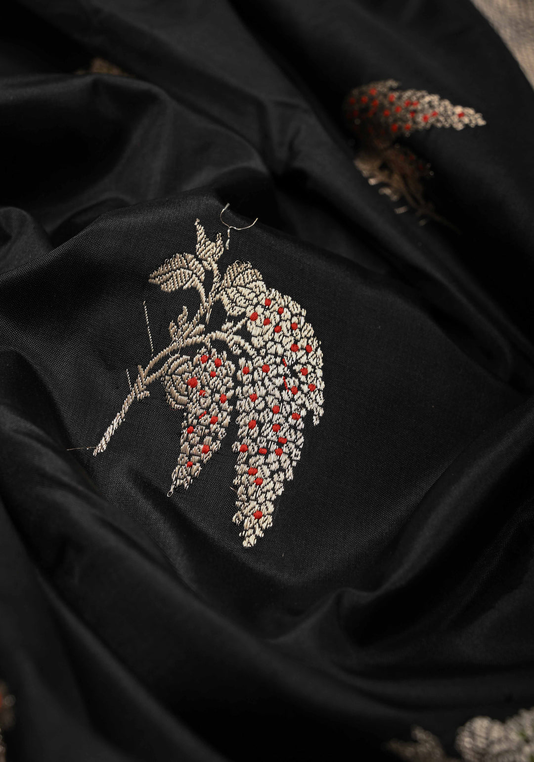 Exquisite Black Banarasi Katan Silk Saree with Meenakari Floral Buttas and Contrast Satin Border | SILK MARK CERTIFIED