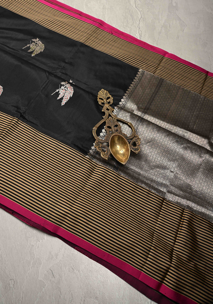 Exquisite Black Banarasi Katan Silk Saree with Meenakari Floral Buttas and Contrast Satin Border | SILK MARK CERTIFIED