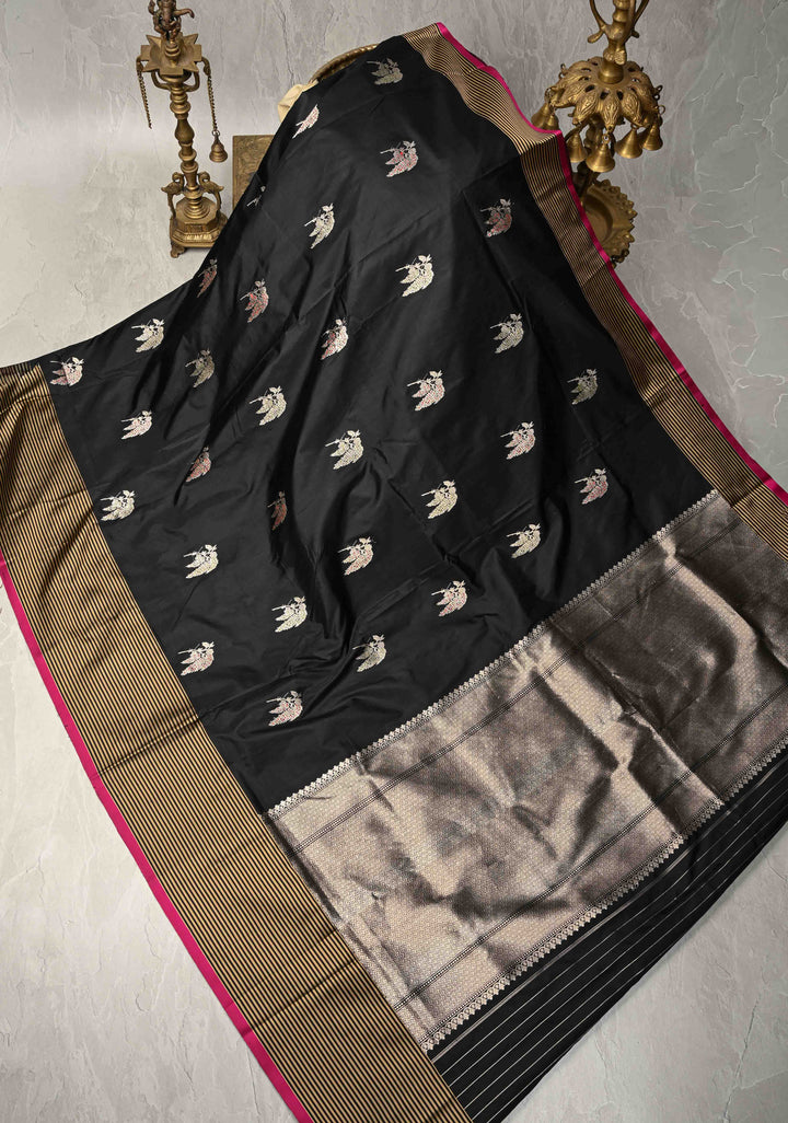Exquisite Black Banarasi Katan Silk Saree with Meenakari Floral Buttas and Contrast Satin Border | SILK MARK CERTIFIED