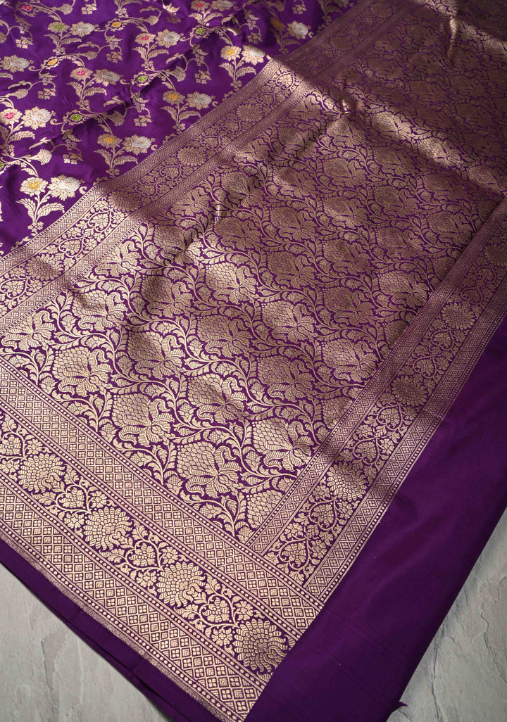 Jamuni Purple Banarasi Katan Silk Saree with Meenakari Floral Jaal and Zari Border | SILK MARK CERTIFIED