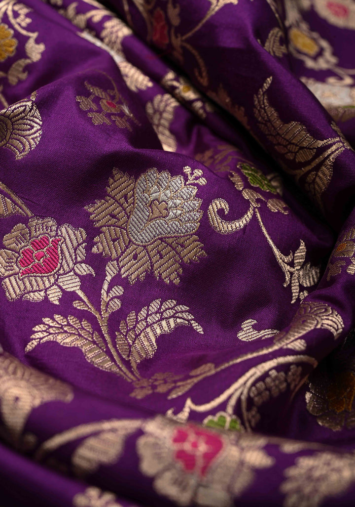 Jamuni Purple Banarasi Katan Silk Saree with Meenakari Floral Jaal and Zari Border | SILK MARK CERTIFIED