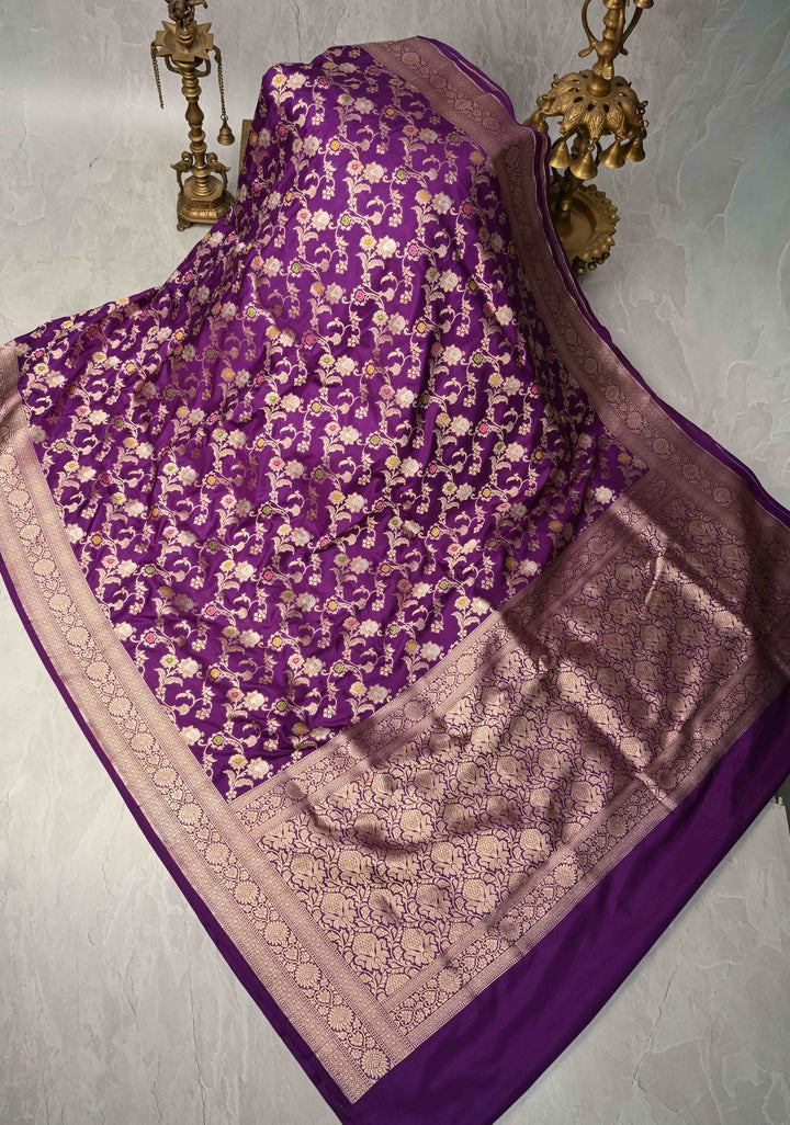 Jamuni Purple Banarasi Katan Silk Saree with Meenakari Floral Jaal and Zari Border | SILK MARK CERTIFIED