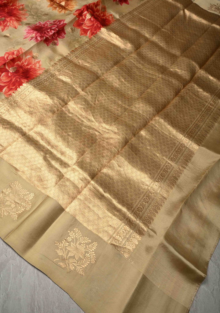 Cream Floral Digital Print on Banarasi Mashru Silk Saree with Zari Buttas and Zari Border | SILK MARK CERTIFIED
