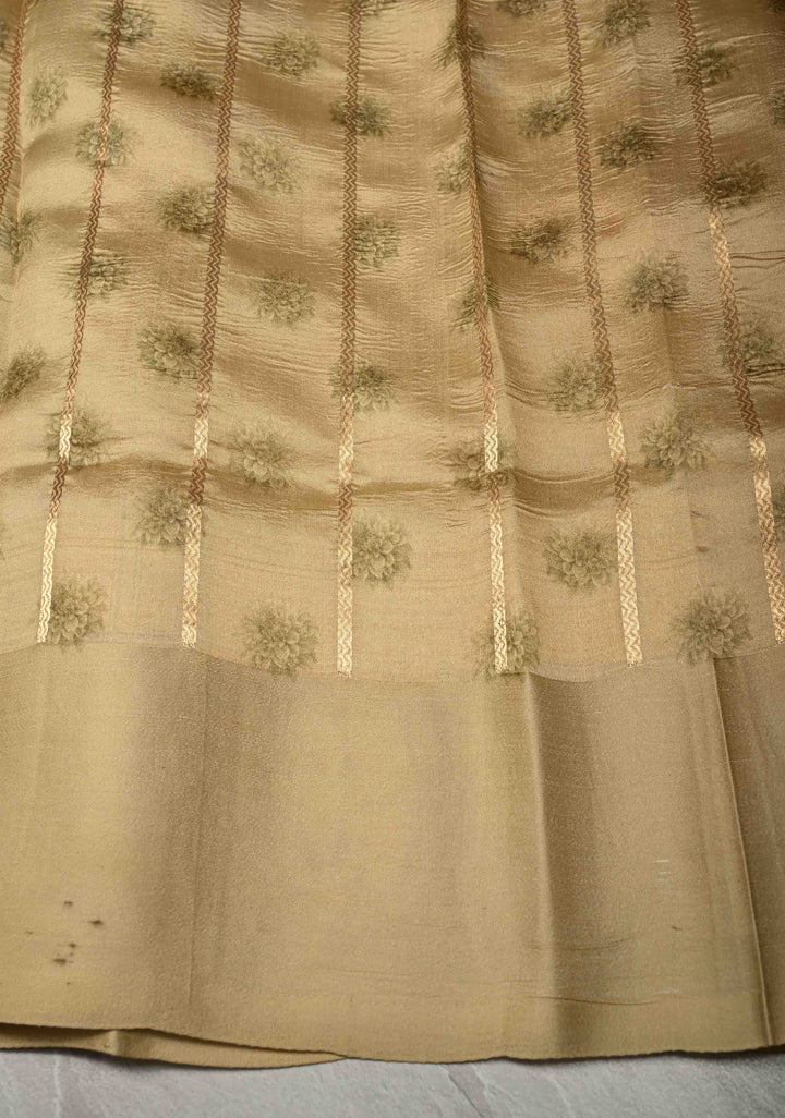Cream Floral Digital Print on Banarasi Mashru Silk Saree with Zari Buttas and Zari Border | SILK MARK CERTIFIED