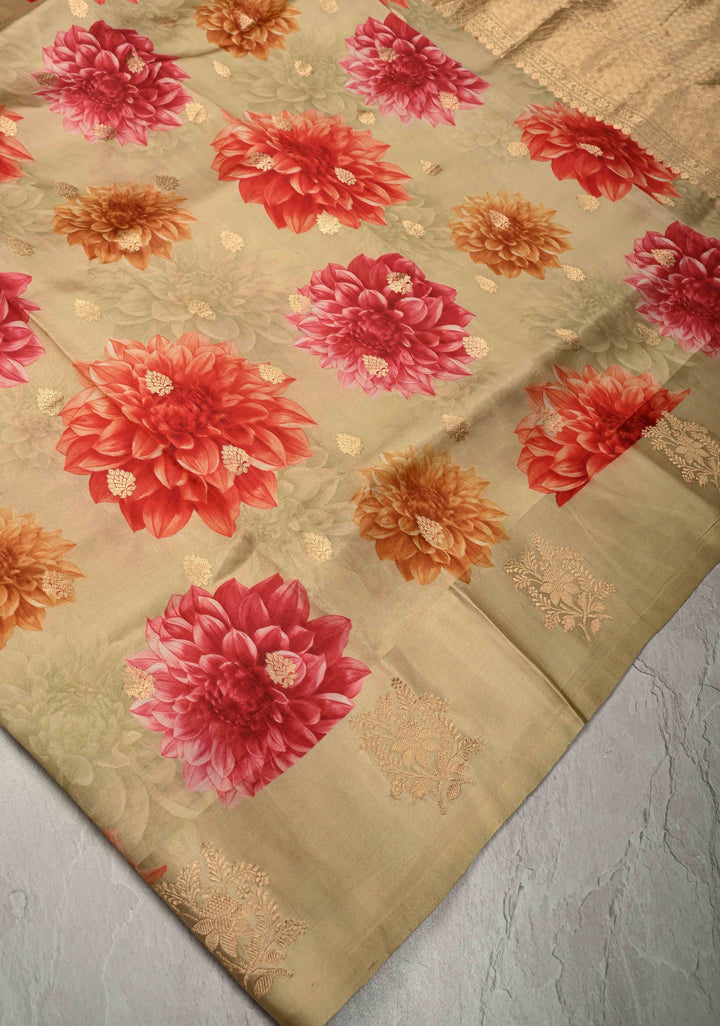 Cream Floral Digital Print on Banarasi Mashru Silk Saree with Zari Buttas and Zari Border | SILK MARK CERTIFIED