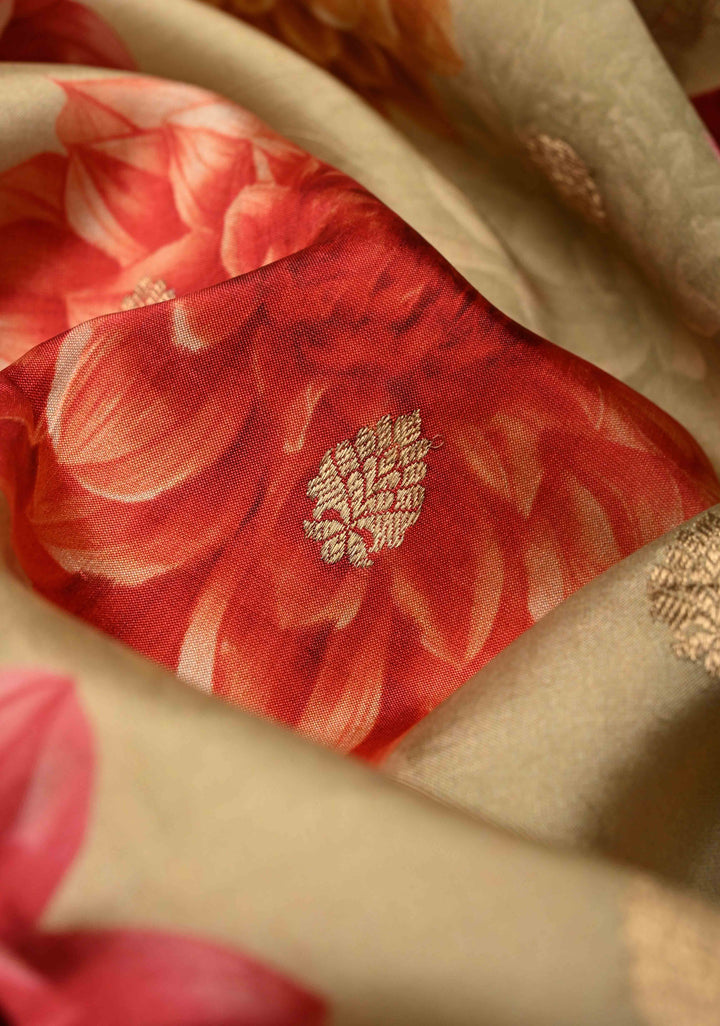 Cream Floral Digital Print on Banarasi Mashru Silk Saree with Zari Buttas and Zari Border | SILK MARK CERTIFIED
