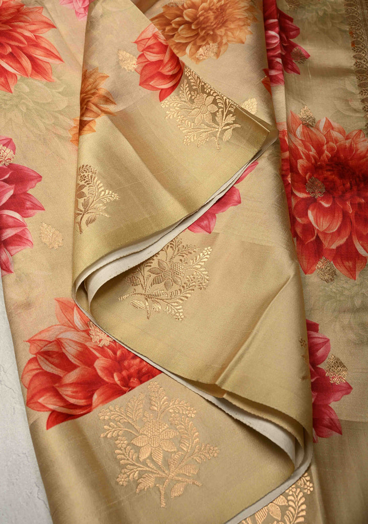 Cream Floral Digital Print on Banarasi Mashru Silk Saree with Zari Buttas and Zari Border | SILK MARK CERTIFIED