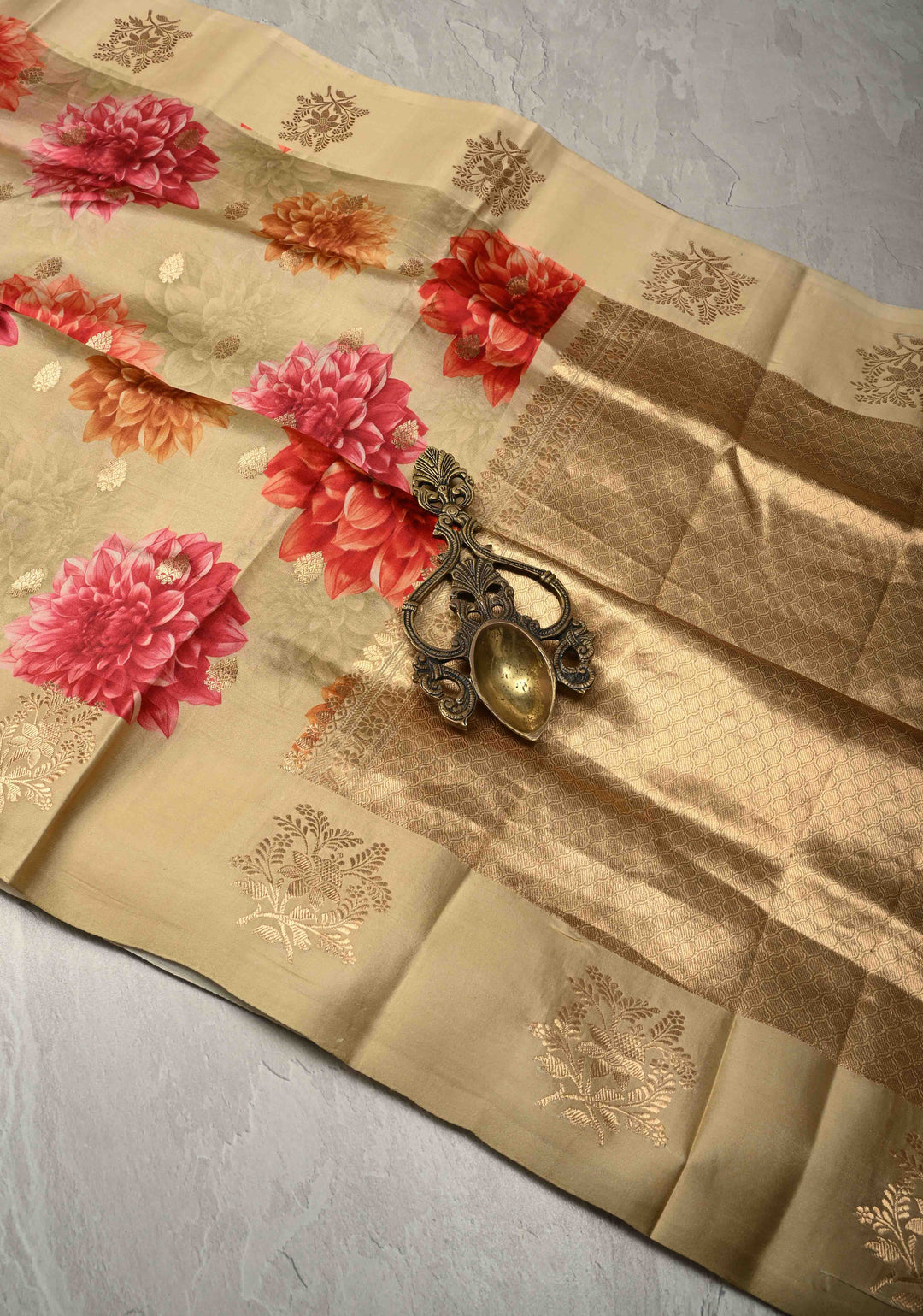 Cream Floral Digital Print on Banarasi Mashru Silk Saree with Zari Buttas and Zari Border | SILK MARK CERTIFIED