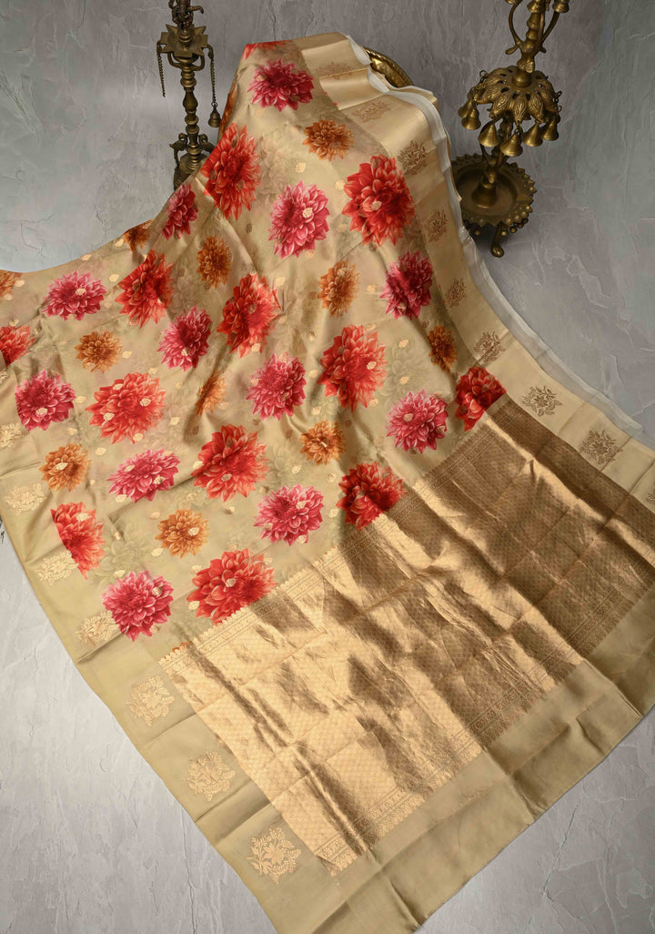 Cream Floral Digital Print on Banarasi Mashru Silk Saree with Zari Buttas and Zari Border | SILK MARK CERTIFIED