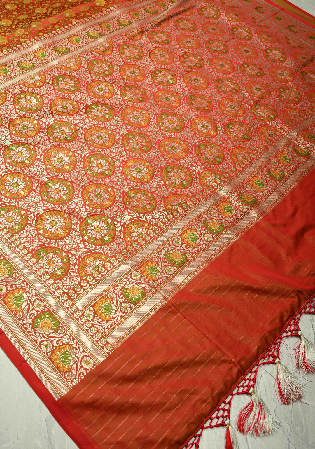 Red Tanchoi Banarasi Satin Silk Saree with Meenakari Floral Brocade Jaal and Zari Border | SILK MARK CERTIFIED