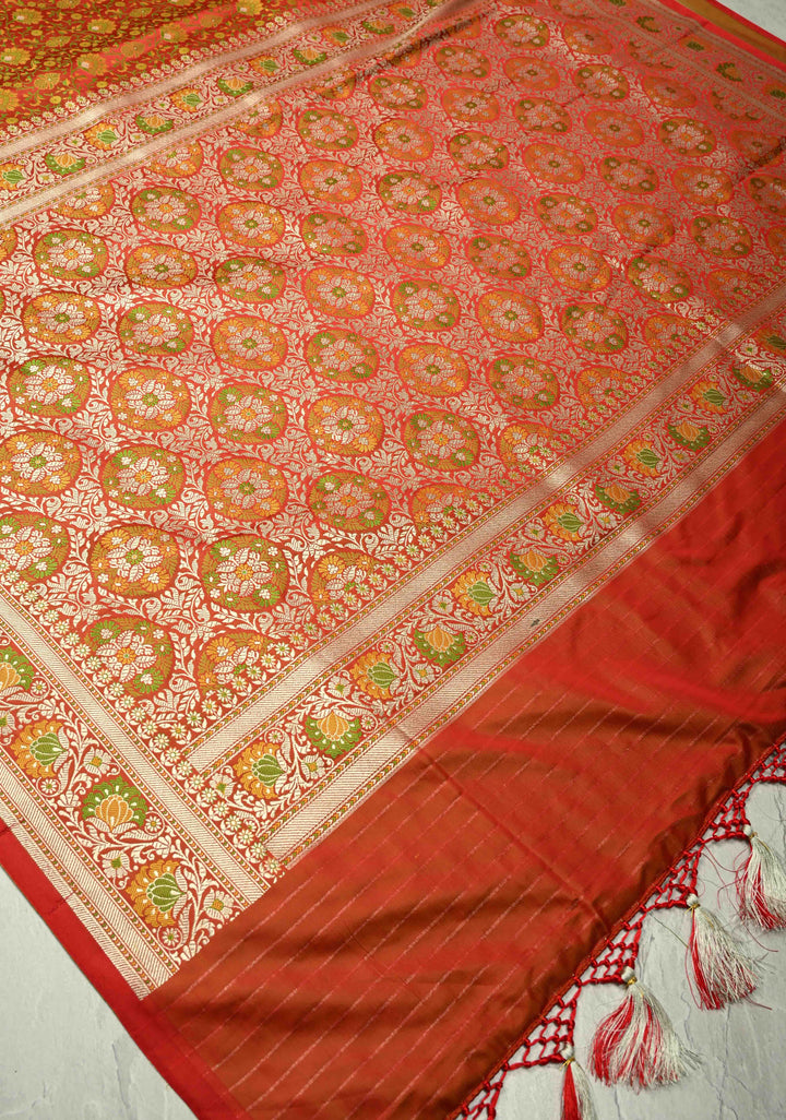 Red Tanchoi Banarasi Satin Silk Saree with Meenakari Floral Brocade Jaal and Zari Border | SILK MARK CERTIFIED