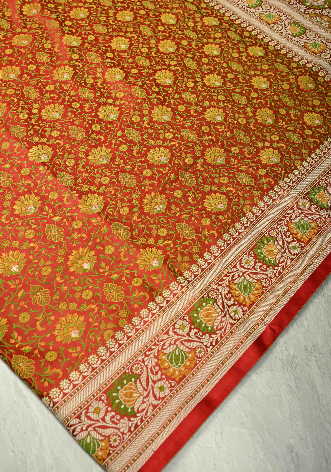 Red Tanchoi Banarasi Satin Silk Saree with Meenakari Floral Brocade Jaal and Zari Border | SILK MARK CERTIFIED