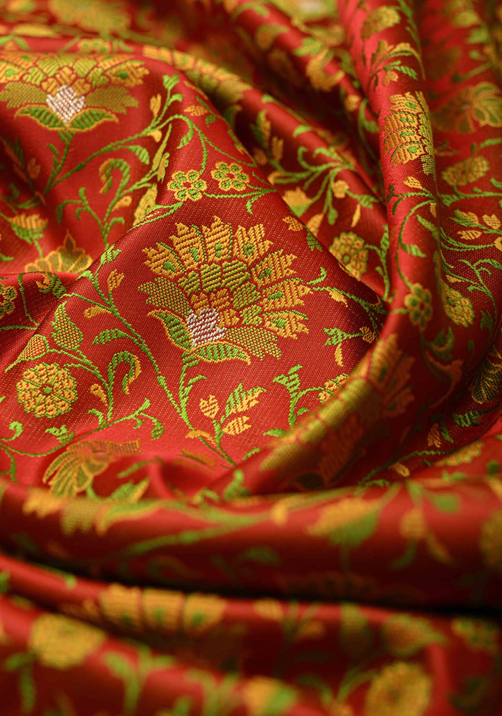 Red Tanchoi Banarasi Satin Silk Saree with Meenakari Floral Brocade Jaal and Zari Border | SILK MARK CERTIFIED