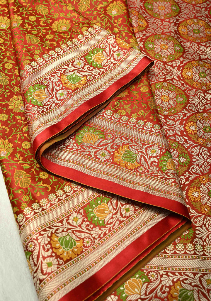 Red Tanchoi Banarasi Satin Silk Saree with Meenakari Floral Brocade Jaal and Zari Border | SILK MARK CERTIFIED