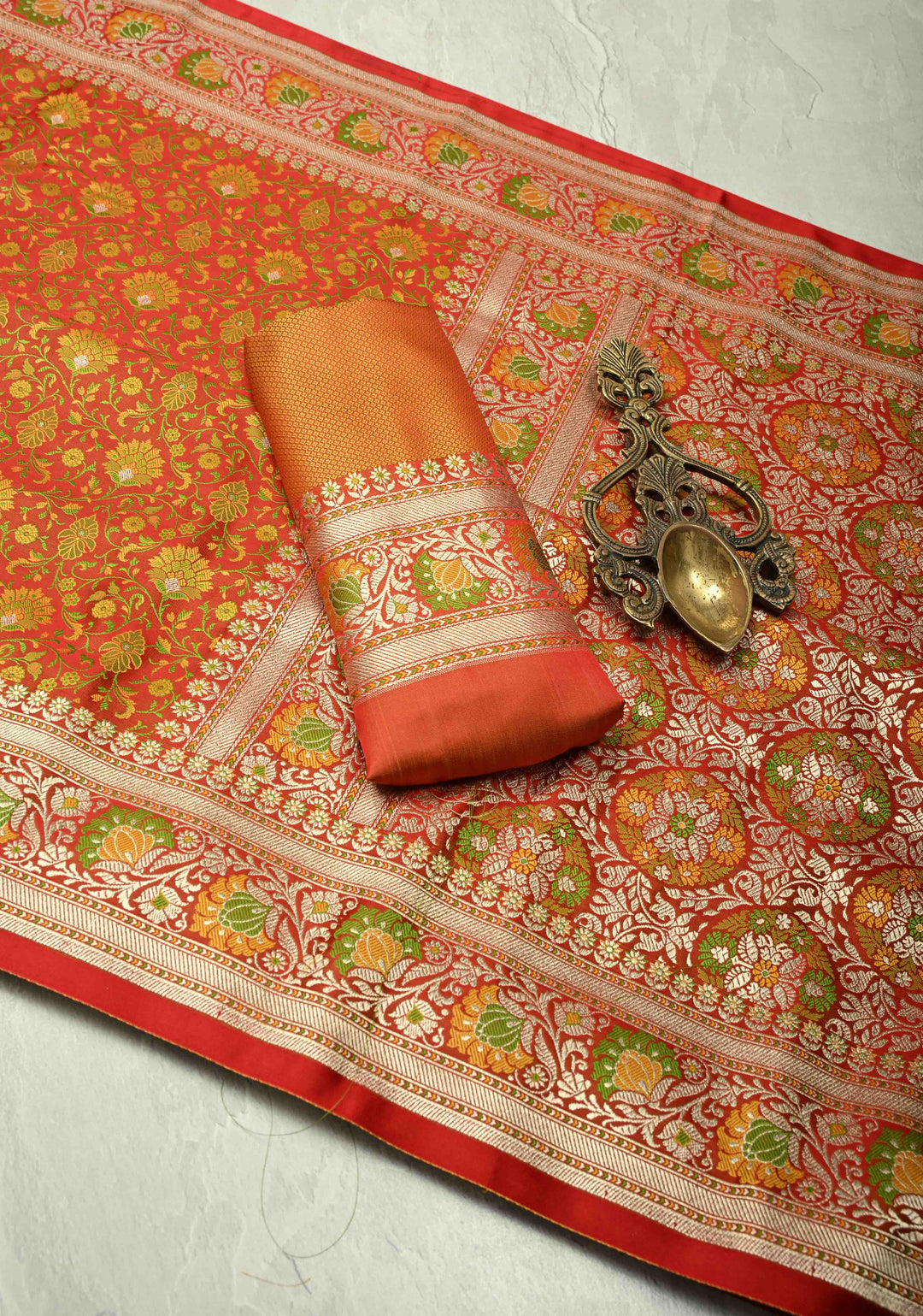 Red Tanchoi Banarasi Satin Silk Saree with Meenakari Floral Brocade Jaal and Zari Border | SILK MARK CERTIFIED