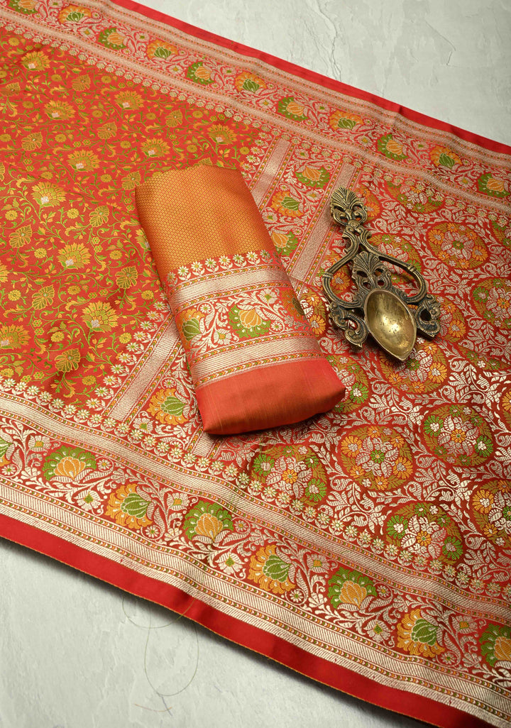 Red Tanchoi Banarasi Satin Silk Saree with Meenakari Floral Brocade Jaal and Zari Border | SILK MARK CERTIFIED