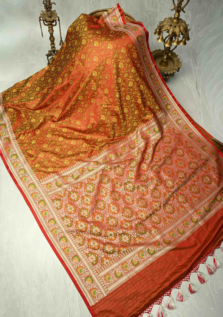 Red Tanchoi Banarasi Satin Silk Saree with Meenakari Floral Brocade Jaal and Zari Border | SILK MARK CERTIFIED