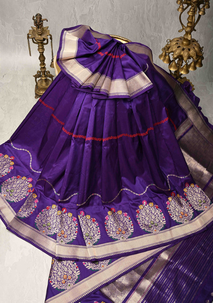 Ink Purple Banarasi Katan Silk Saree with Resham Vine Stripes and Meenakari Buttas on Zari Border | SILK MARK CERTIFIED