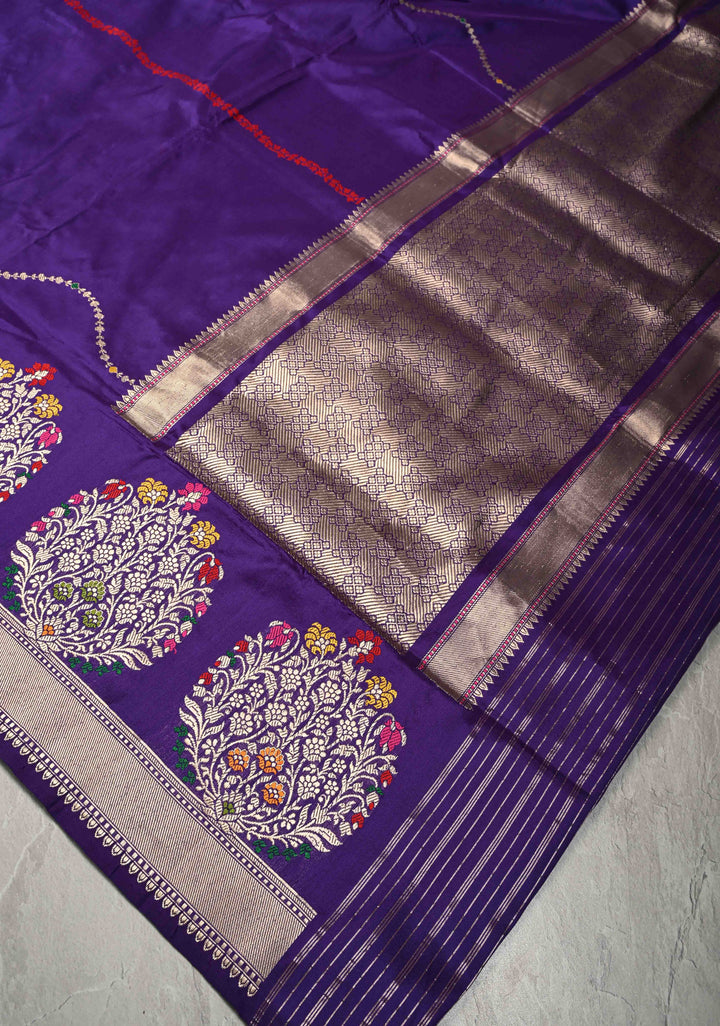 Ink Purple Banarasi Katan Silk Saree with Resham Vine Stripes and Meenakari Buttas on Zari Border | SILK MARK CERTIFIED