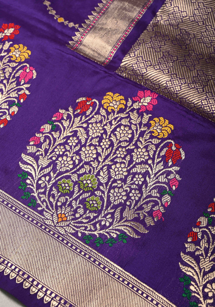 Ink Purple Banarasi Katan Silk Saree with Resham Vine Stripes and Meenakari Buttas on Zari Border | SILK MARK CERTIFIED