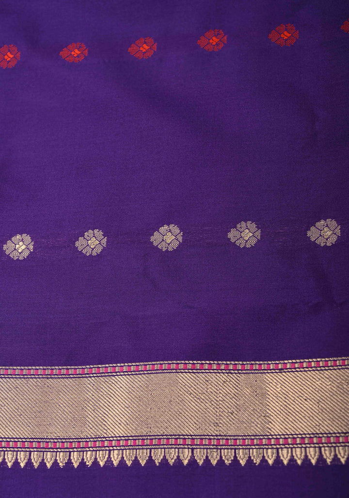 Ink Purple Banarasi Katan Silk Saree with Resham Vine Stripes and Meenakari Buttas on Zari Border | SILK MARK CERTIFIED