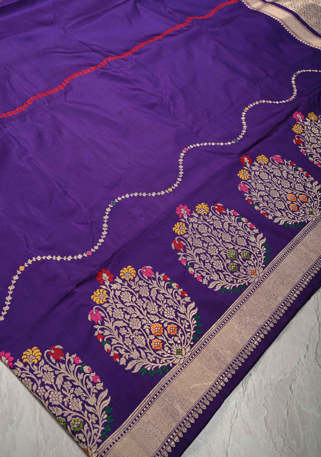 Ink Purple Banarasi Katan Silk Saree with Resham Vine Stripes and Meenakari Buttas on Zari Border | SILK MARK CERTIFIED