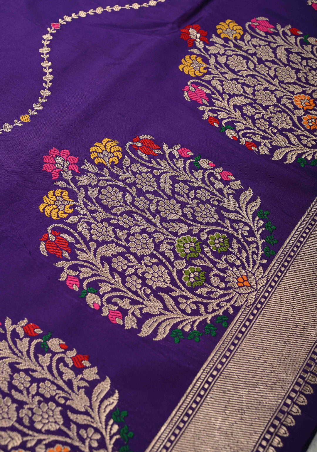 Ink Purple Banarasi Katan Silk Saree with Resham Vine Stripes and Meenakari Buttas on Zari Border | SILK MARK CERTIFIED