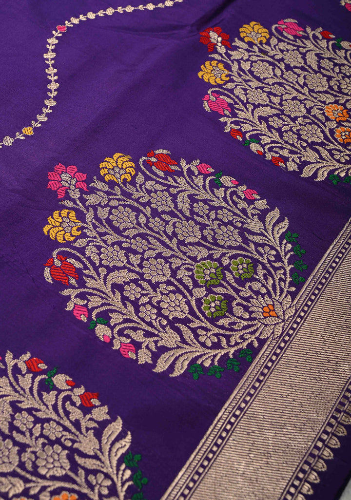 Ink Purple Banarasi Katan Silk Saree with Resham Vine Stripes and Meenakari Buttas on Zari Border | SILK MARK CERTIFIED