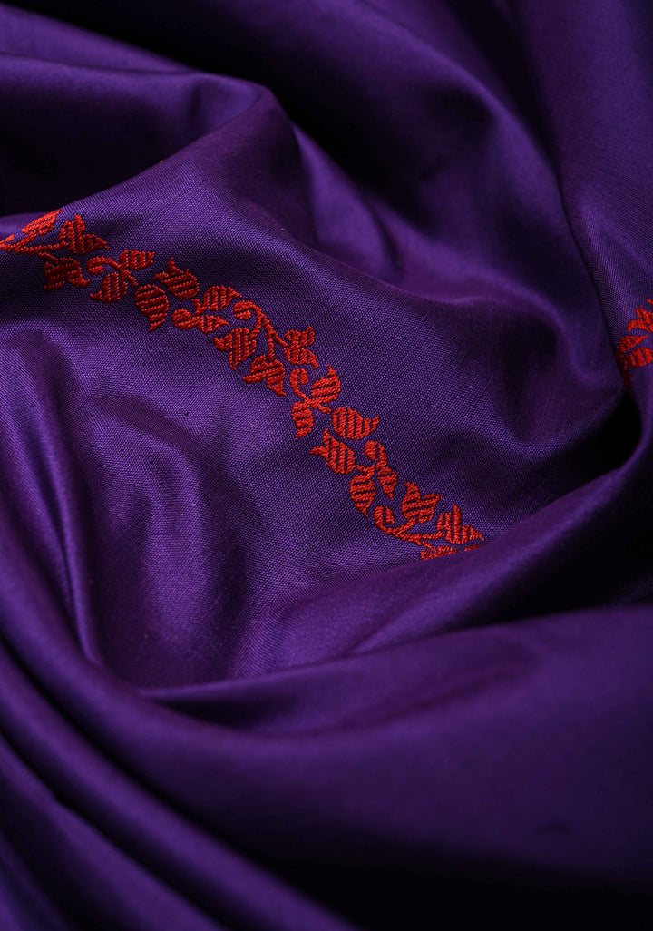 Ink Purple Banarasi Katan Silk Saree with Resham Vine Stripes and Meenakari Buttas on Zari Border | SILK MARK CERTIFIED