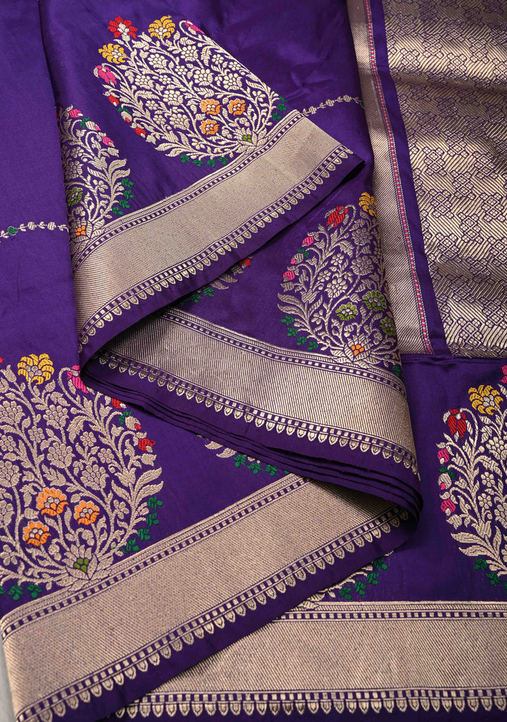 Ink Purple Banarasi Katan Silk Saree with Resham Vine Stripes and Meenakari Buttas on Zari Border | SILK MARK CERTIFIED