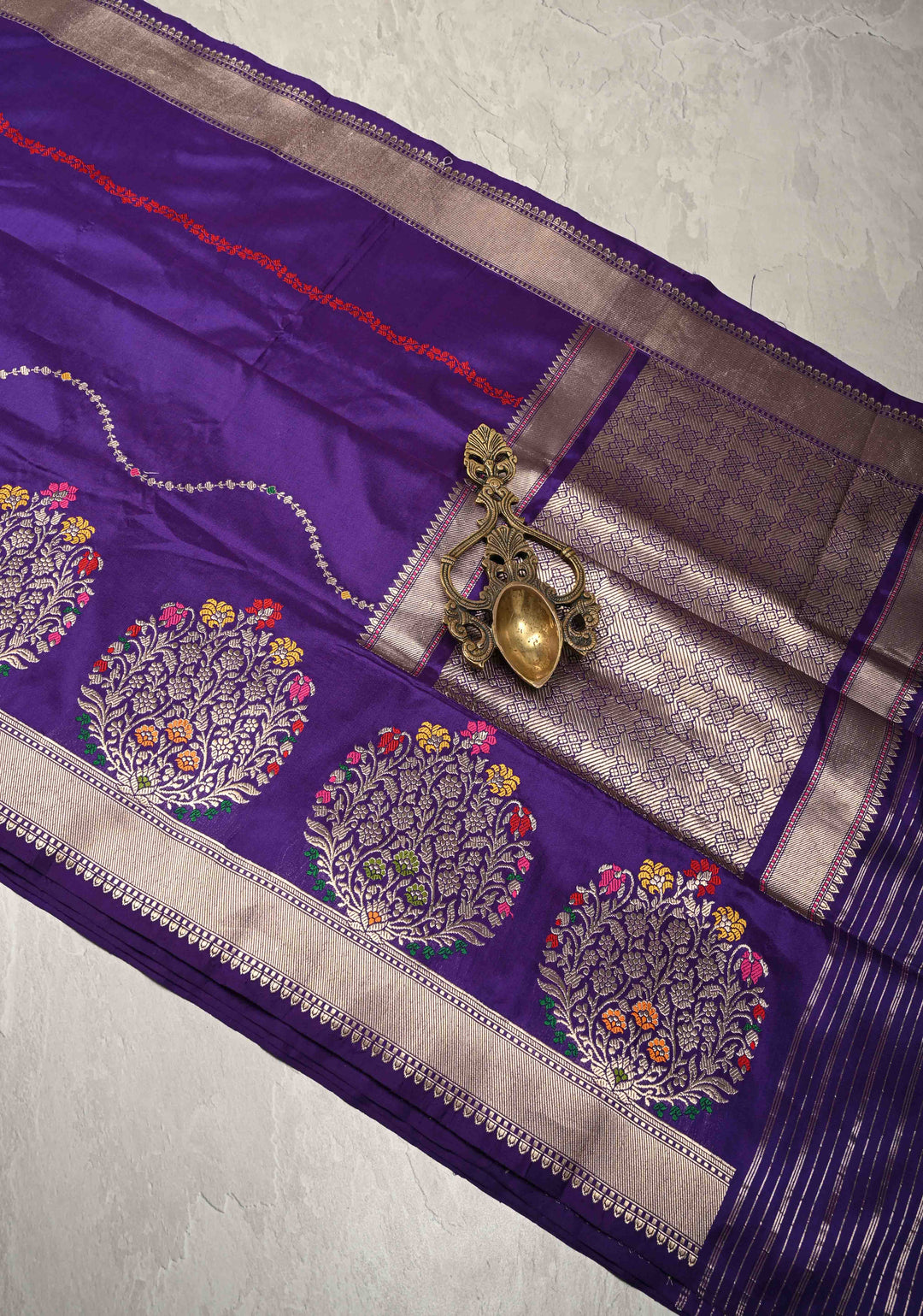 Ink Purple Banarasi Katan Silk Saree with Resham Vine Stripes and Meenakari Buttas on Zari Border | SILK MARK CERTIFIED