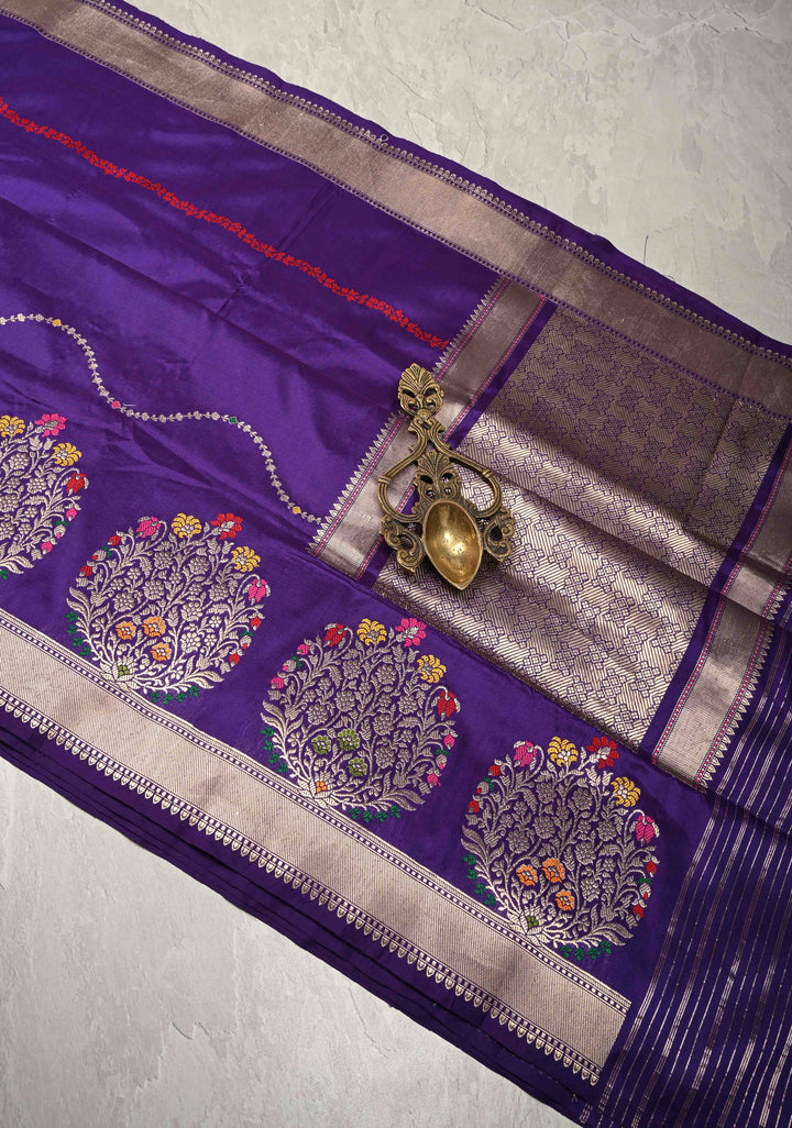 Ink Purple Banarasi Katan Silk Saree with Resham Vine Stripes and Meenakari Buttas on Zari Border | SILK MARK CERTIFIED