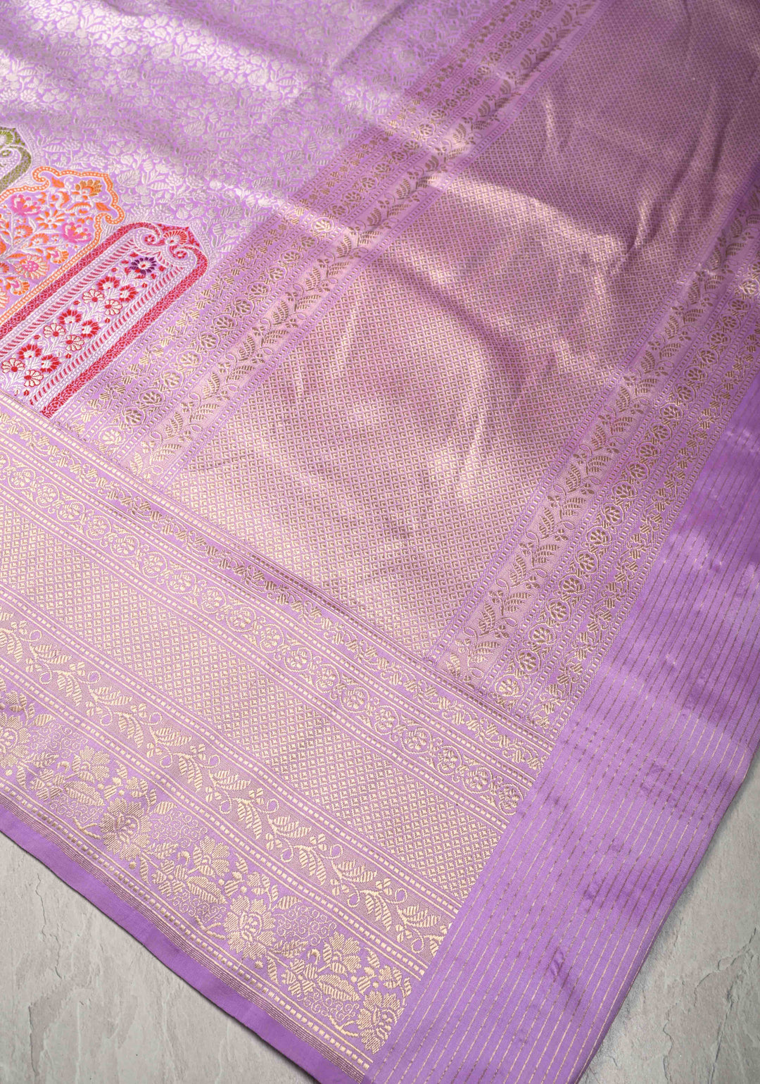 Lilac Pure Banarasi Katan Silk Saree with Floral Brocade Jaal and Meenakari Zari Border  | SILK MARK CERTIFIED | SHOBITAM
