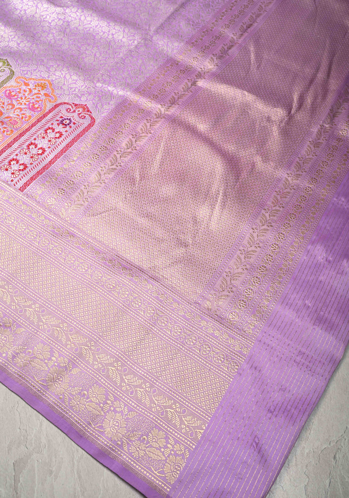 Lilac Pure Banarasi Katan Silk Saree with Floral Brocade Jaal and Meenakari Zari Border  | SILK MARK CERTIFIED | SHOBITAM