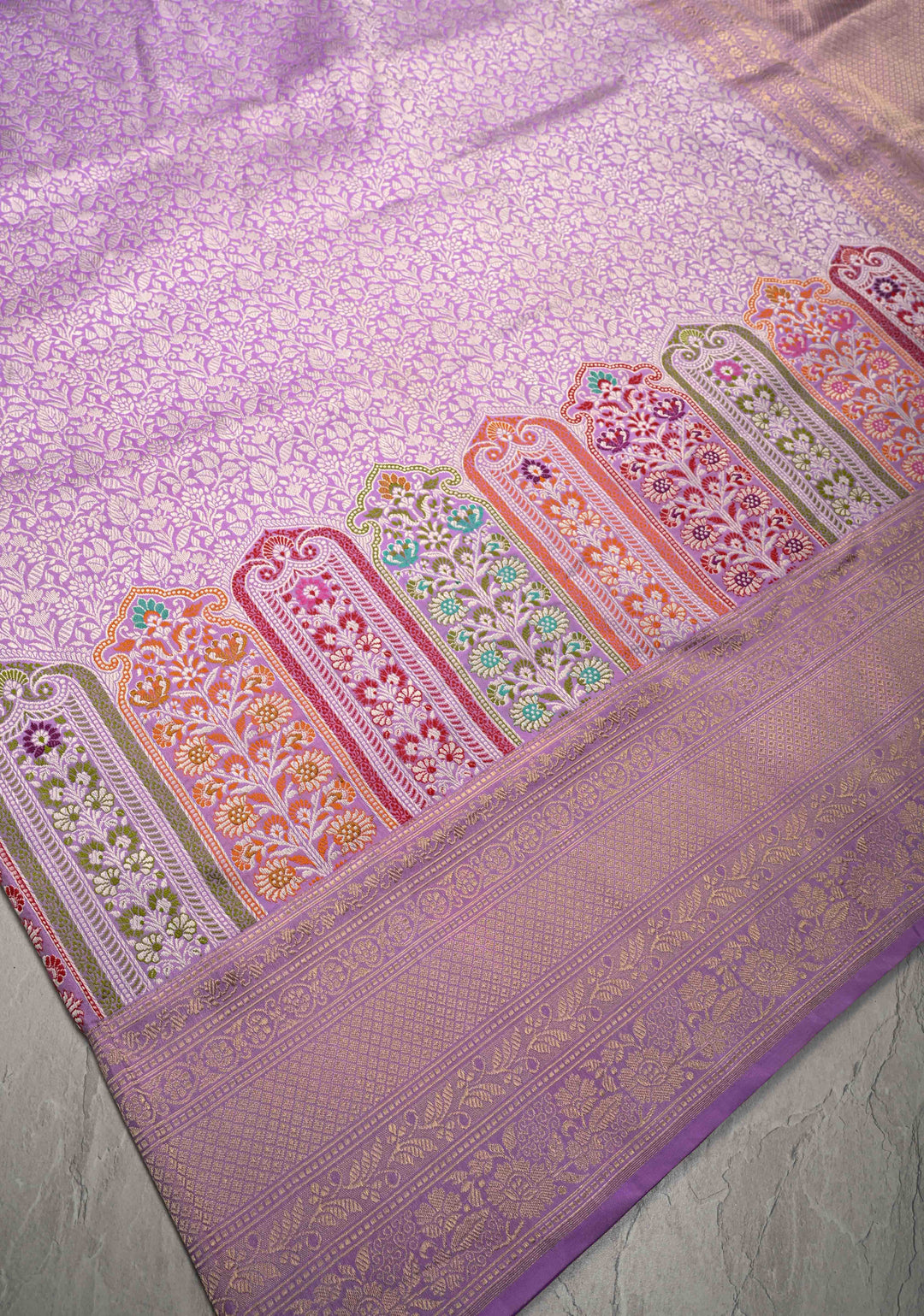 Lilac Pure Banarasi Katan Silk Saree with Floral Brocade Jaal and Meenakari Zari Border  | SILK MARK CERTIFIED | SHOBITAM