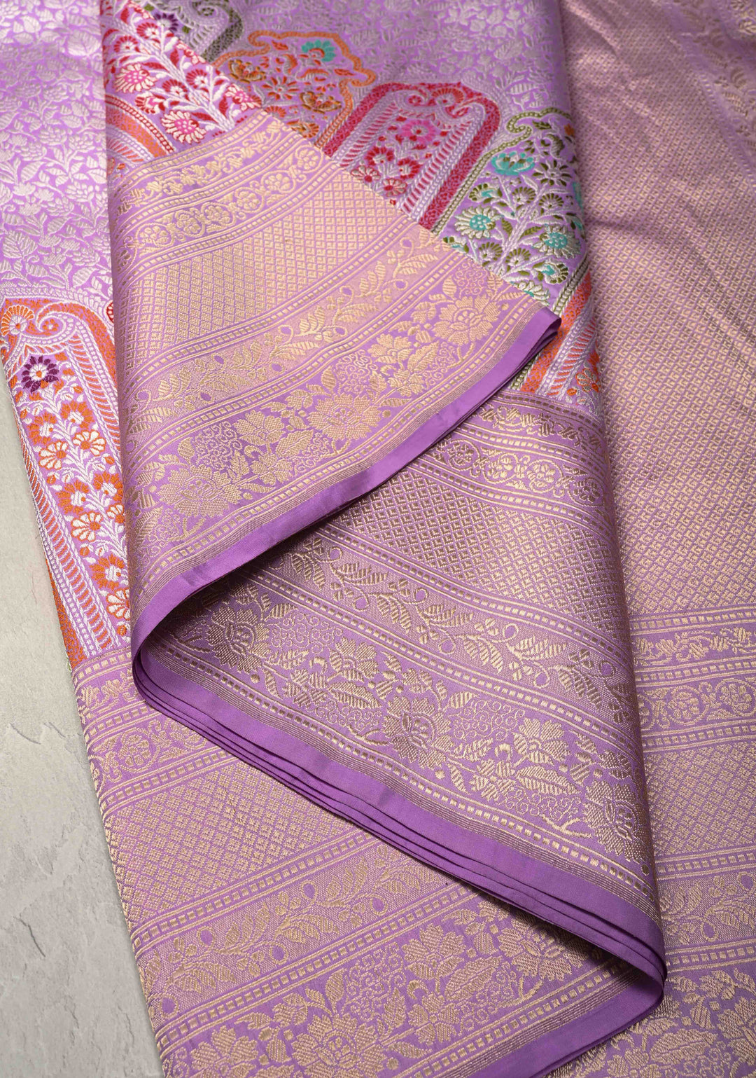 Lilac Pure Banarasi Katan Silk Saree with Floral Brocade Jaal and Meenakari Zari Border  | SILK MARK CERTIFIED | SHOBITAM