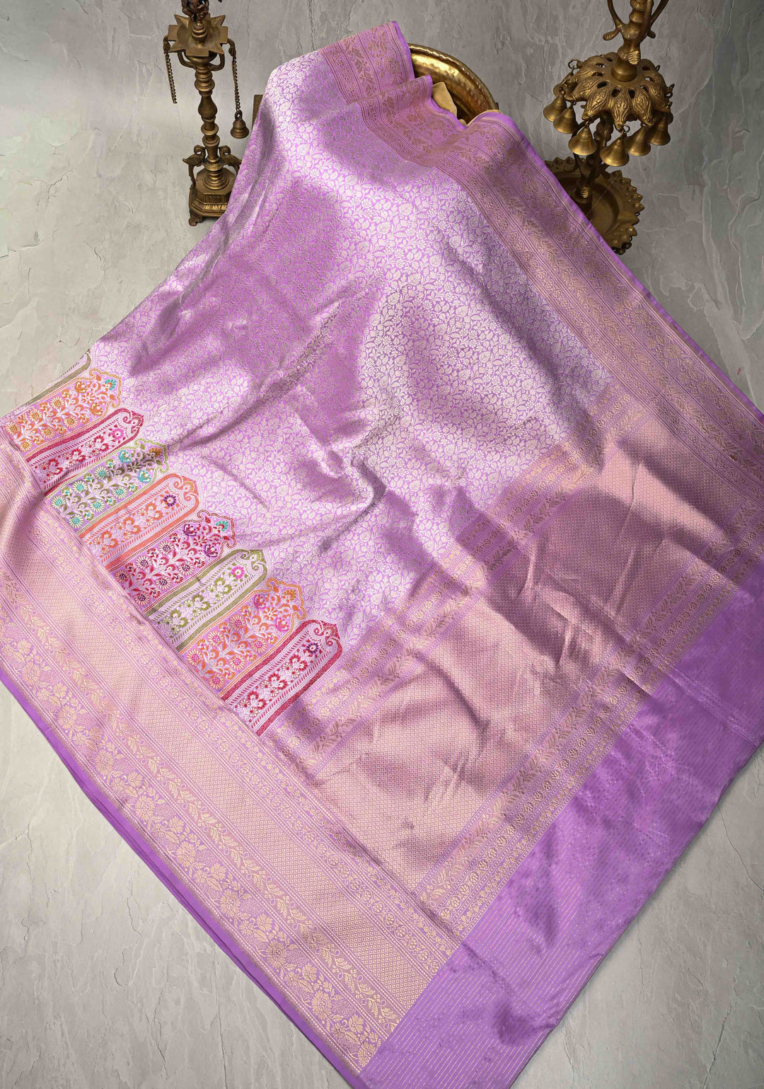 Lilac Pure Banarasi Katan Silk Saree with Floral Brocade Jaal and Meenakari Zari Border  | SILK MARK CERTIFIED | SHOBITAM
