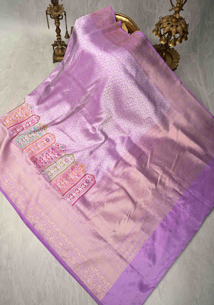 Lilac Pure Banarasi Katan Silk Saree with Floral Brocade Jaal and Meenakari Zari Border  | SILK MARK CERTIFIED | SHOBITAM