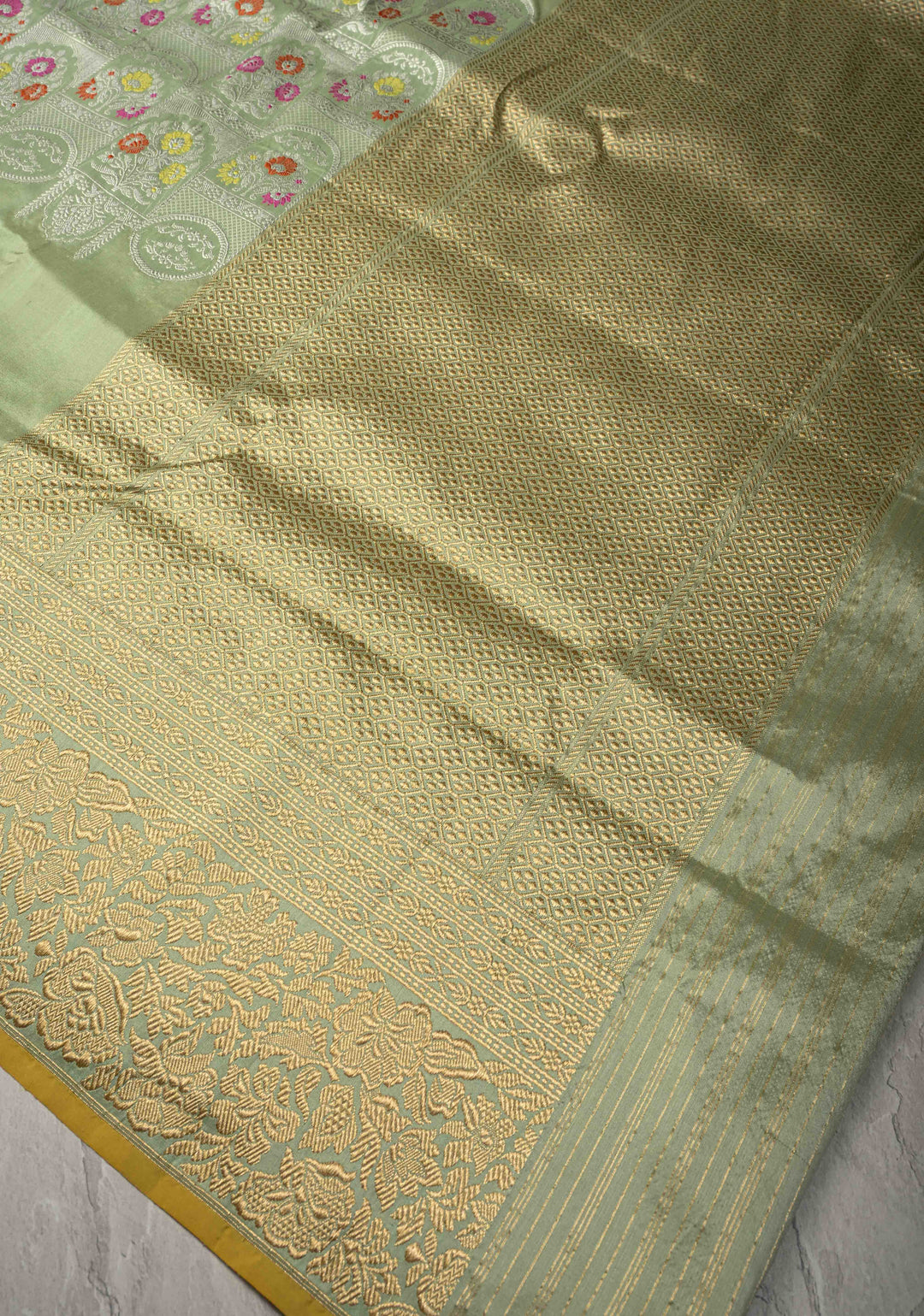 Pista Green Banarasi Katan Silk Saree with  Meenakari Arch brocade and Contrast Zari Border | SILK MARK CERTIFIED