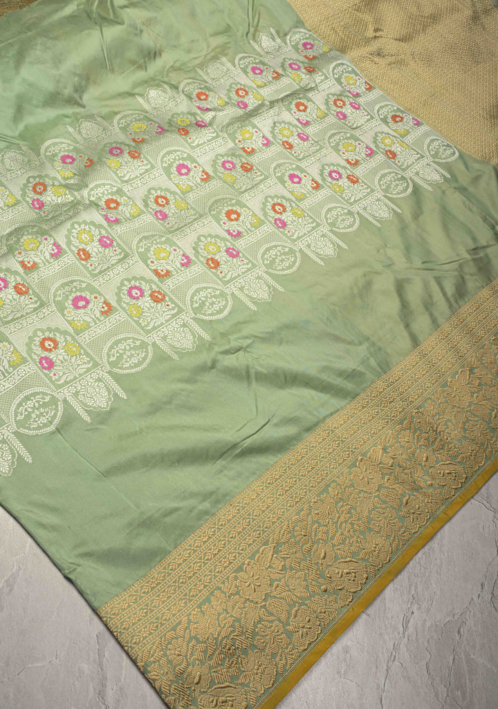 Pista Green Banarasi Katan Silk Saree with  Meenakari Arch brocade and Contrast Zari Border | SILK MARK CERTIFIED