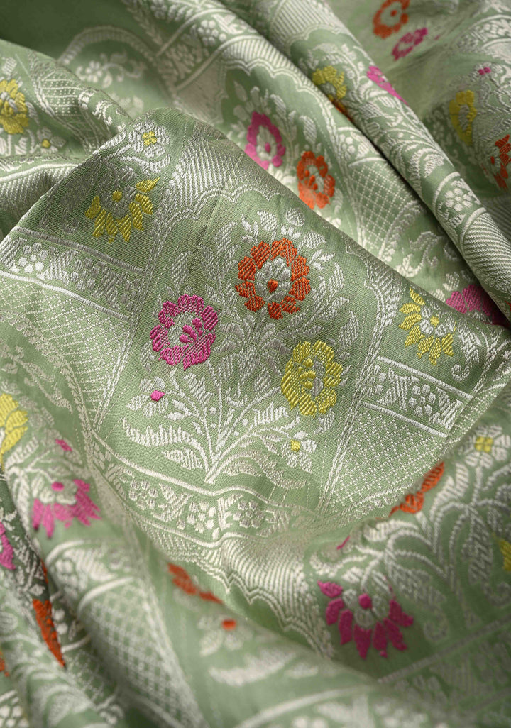 Pista Green Banarasi Katan Silk Saree with  Meenakari Arch brocade and Contrast Zari Border | SILK MARK CERTIFIED