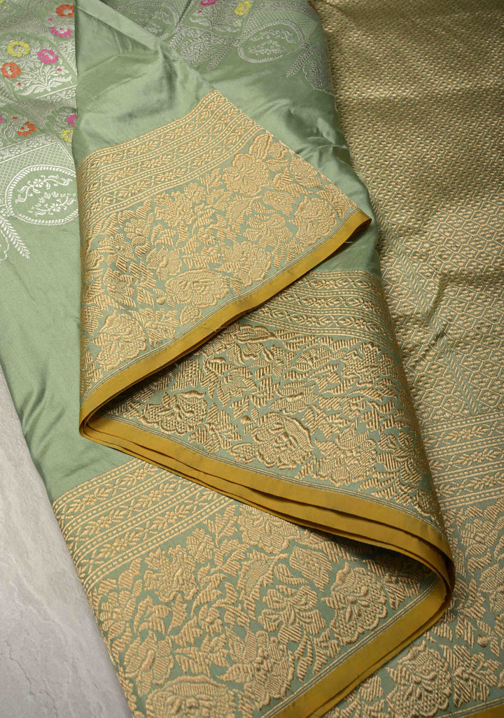 Pista Green Banarasi Katan Silk Saree with  Meenakari Arch brocade and Contrast Zari Border | SILK MARK CERTIFIED
