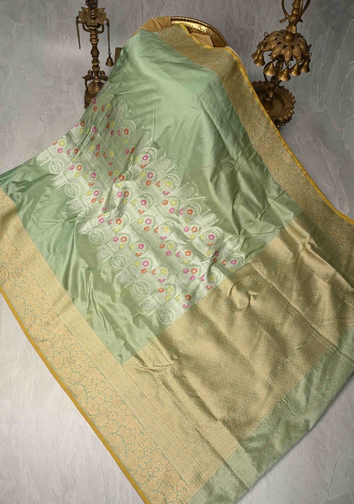 Pista Green Banarasi Katan Silk Saree with  Meenakari Arch brocade and Contrast Zari Border | SILK MARK CERTIFIED